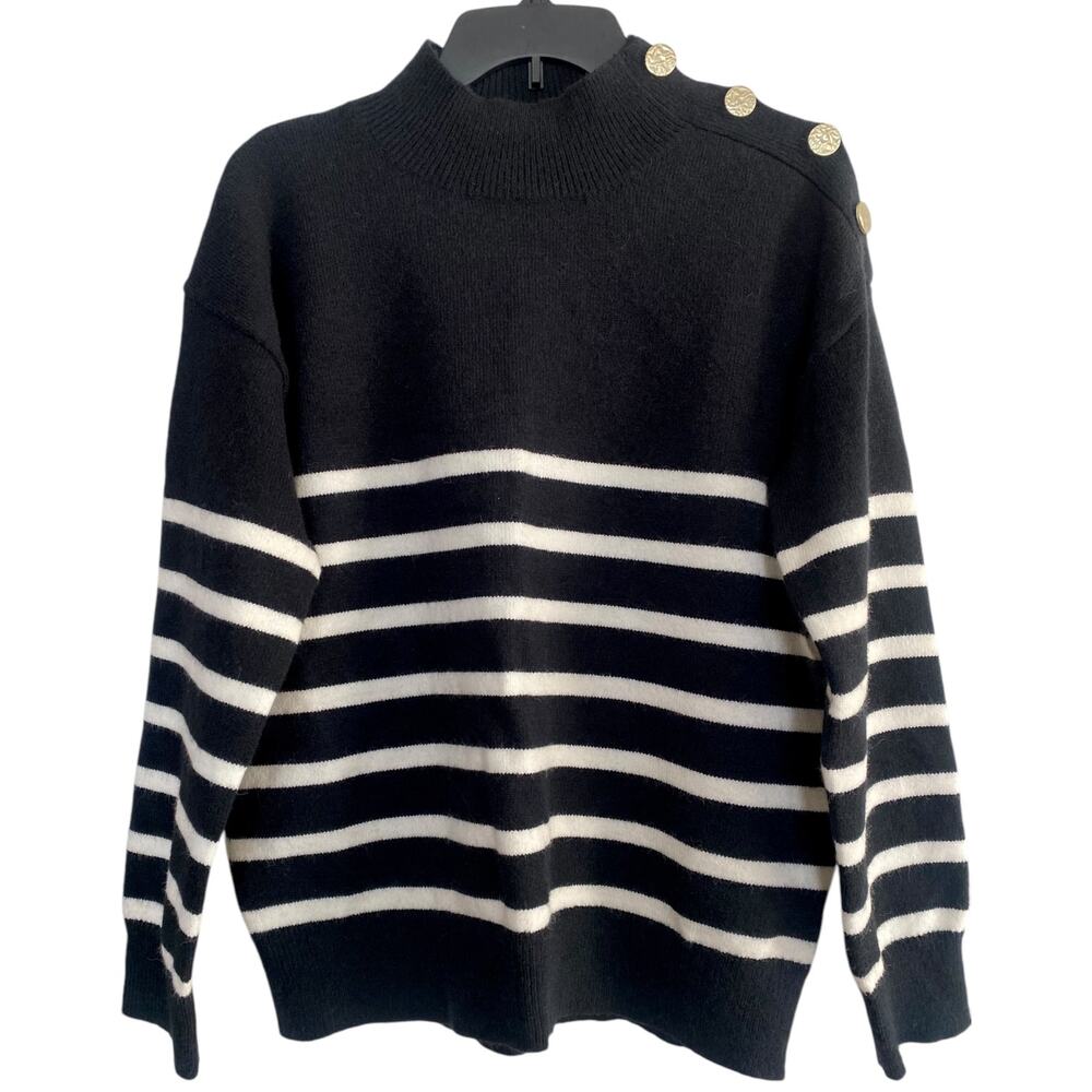 Black and White Striped Mock Neck Sweater Size Large